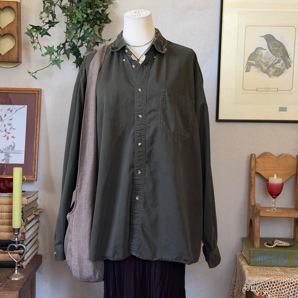 Olive Green Cotton Button Down Shirt Oversized Indie Grunge 90s XL Granola Dad